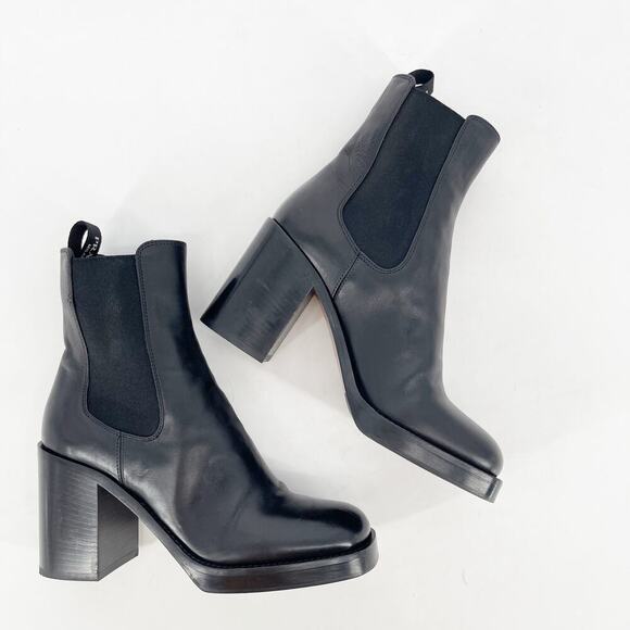Prada Black Leather Square Toe Block Heel Platform Chelsea Ankle Boot IT 37.5 - Picture 3 of 13